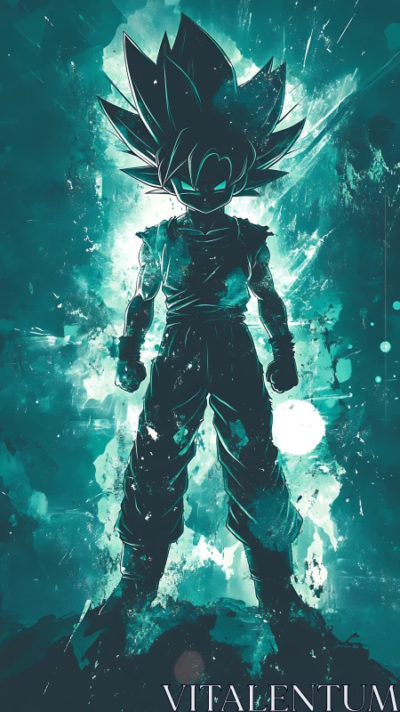 Silhouetted spiky haired warrior in teal energy field.