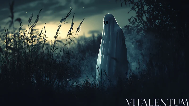 Lonely sheet ghost wanders through a misty twilight meadow