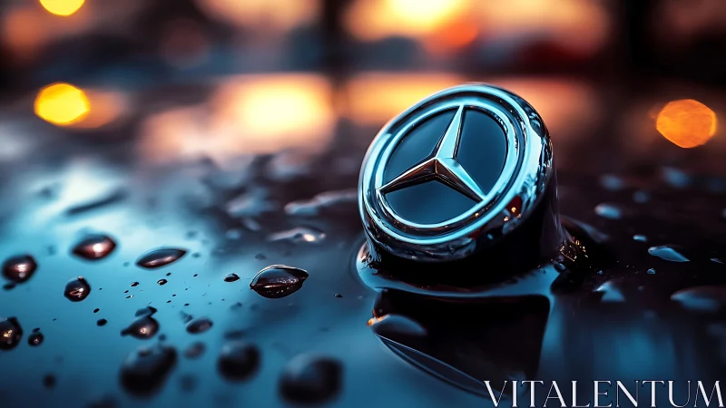 Chrome star rising from rain glazed midnight hoodscape.