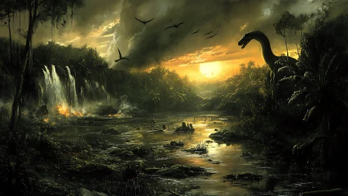 Prehistoric river valley glows under stormlit sunset sky
