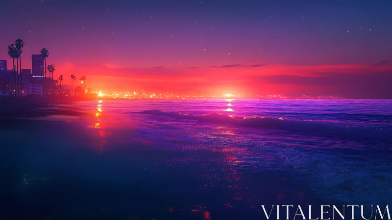 Neon-lit coastal sunset renders a futuristic urban shoreline