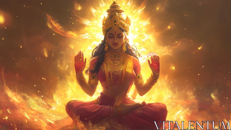 Goddess figure meditates in a seated pose within intense fire