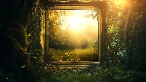 Framed forest clearing is depicted with controlled warm lighting