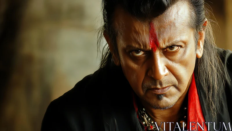 Intense male portrait with dramatic chiaroscuro lighting and glare