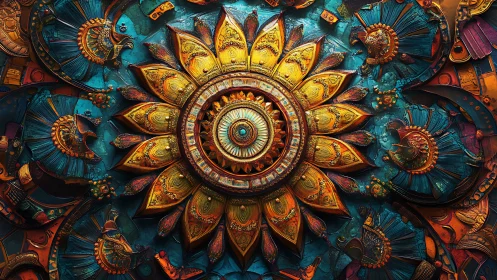 Clockwork sunburst blooms in teal and burnished copper glory.