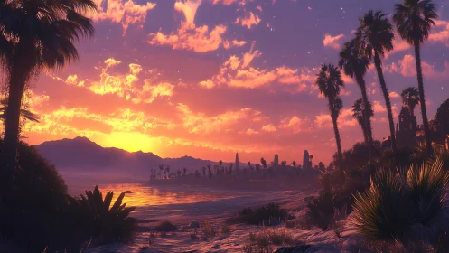 Spectral desert coastline at sunset with volumetric lighting fields.