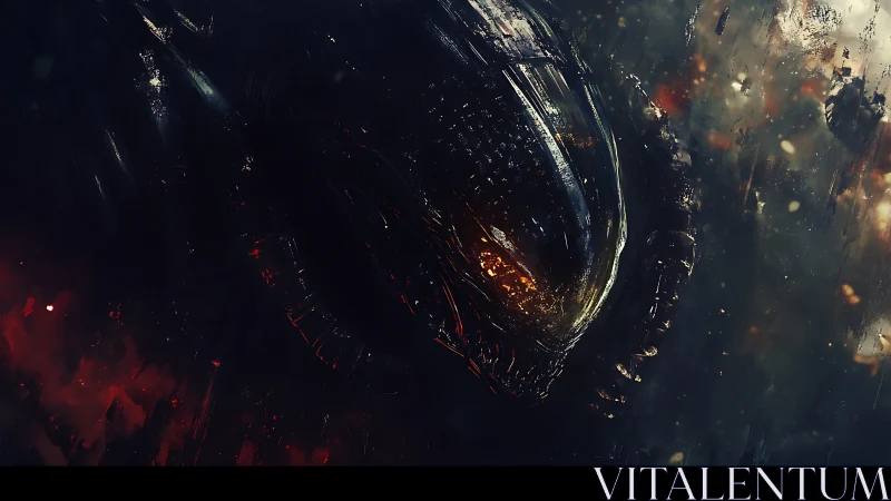 Alien war machine emerging from embers in deep void.