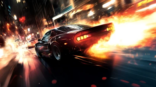 Turbocharged black sports coupe drifting through neon city flames
