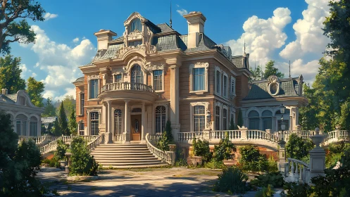 Grand baroque manor under bright summer daylight.
