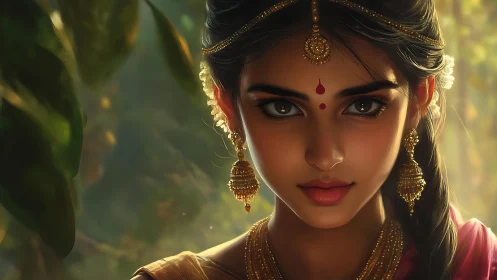 Young woman in gold jewelry gazes softly through forest light