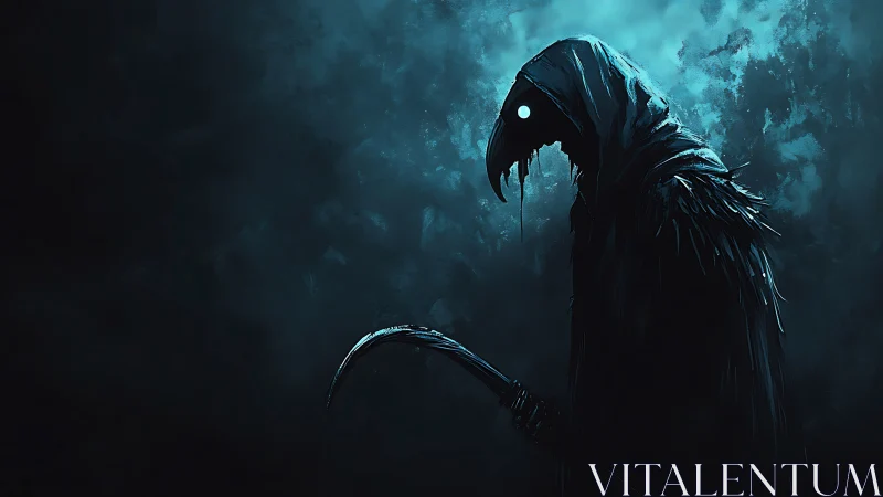 Mysterious cloaked reaper watching the misty blue night.