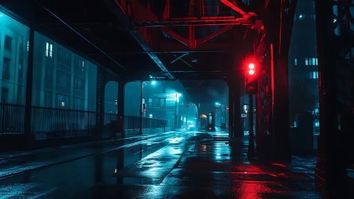 Urban overpass street at night with blue and red lighting.