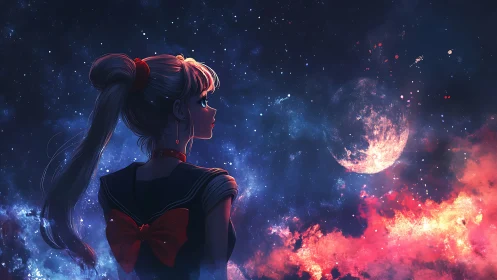 Starlit anime heroine gazes toward burning lunar horizon.