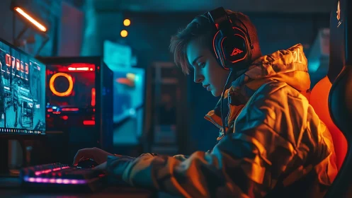Focused young gamer enjoys a colorful neon gaming setup