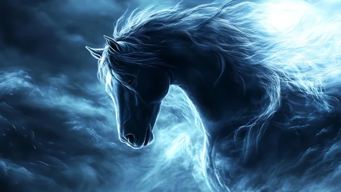 Ethereal blue horse head emerging from swirling light.