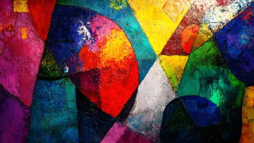 Vibrant abstract geometric painting with bold textured colors.