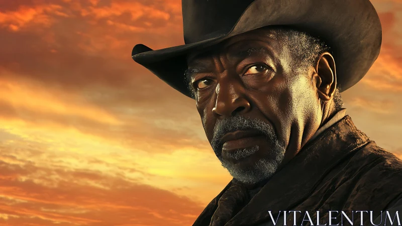 Older cowboy portrait against orange sunset sky background.