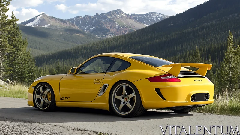 Yellow sports coupe parked on mountain forest roadside.