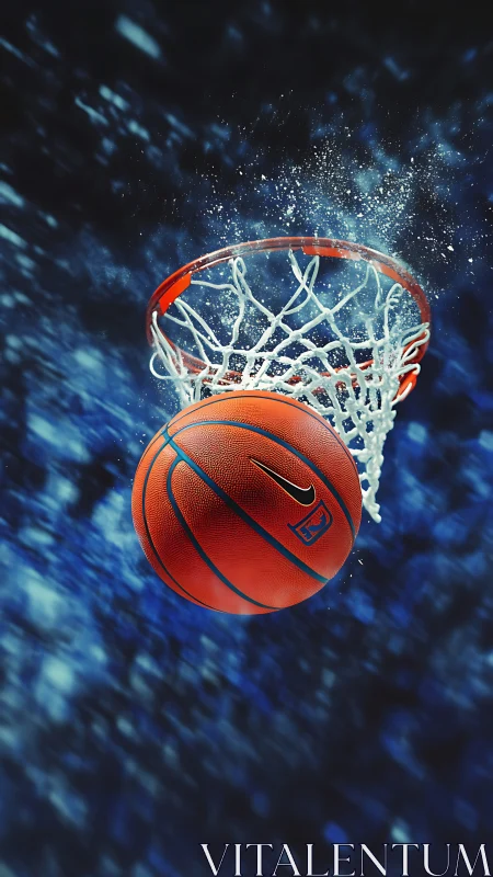 Basketball passing through hoop with water splash effect.