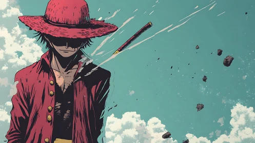 Straw-hatted wanderer stands calm as debris drifts by