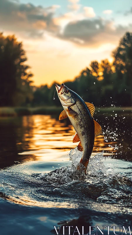 Leaping game fish breaks the lake surface at golden sunset.