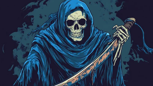 Grim reaper in tattered blue cloak brandishes bloody scythe.