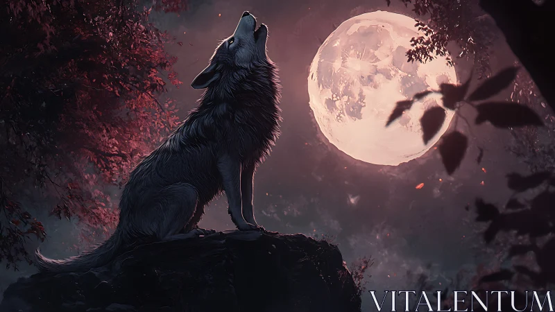 Wolf howls on rocky ledge under oversized full moon at night