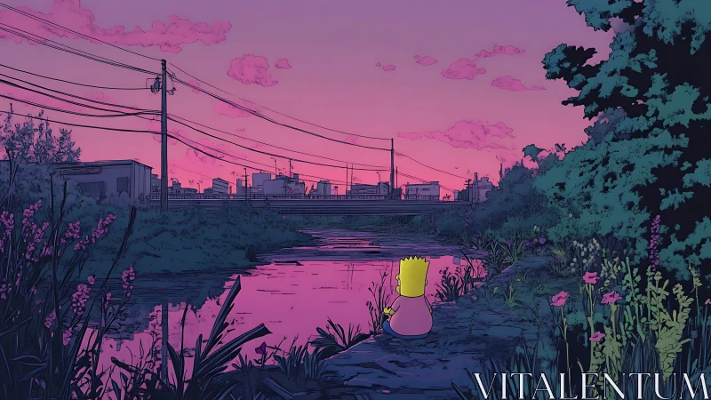 Cartoon child by river at pink sunset near cityscape.