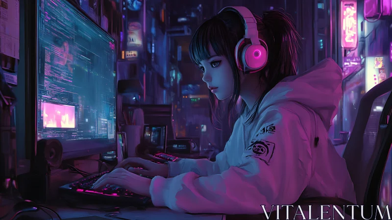 Neon lit workstation with focused gamer in cyberpunk city.