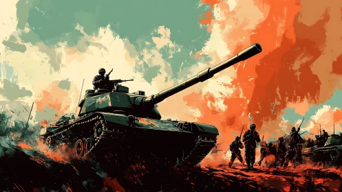 Armored thunderstorm surges across a battlefield sky of fire.