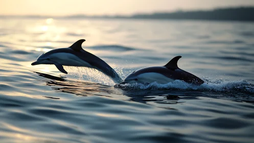Dolphin pair breaching at golden hour over rippled seascape