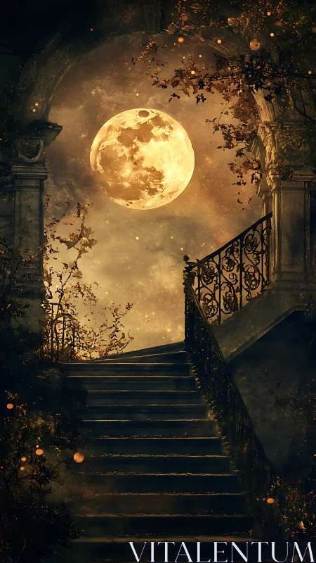 Grand lunar ascent framed by ornate stone archway at night