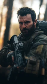 Bearded tactical soldier aiming rifle in shallow forest bokeh