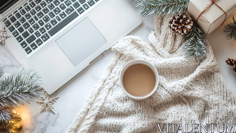 Cozy winter workspace welcomes warm coffee and gentle focus