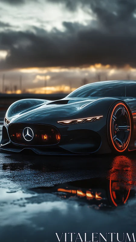 Sleek futuristic sports car glowing against a moody sunset sky.
