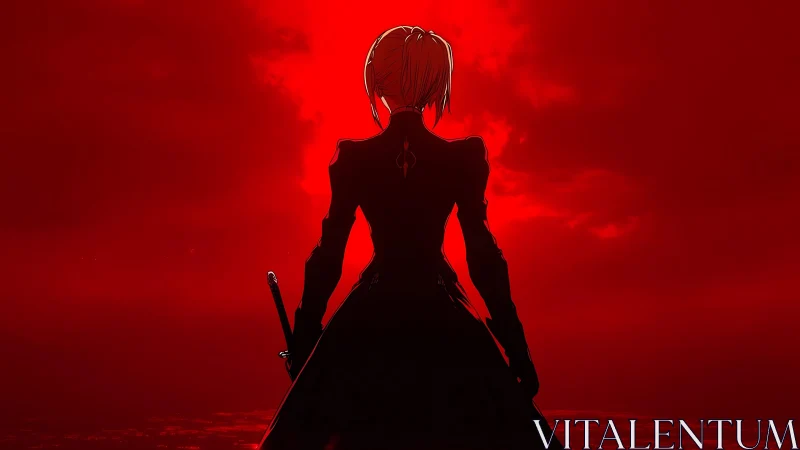Lone anime swordswoman faces blood red storm horizon.