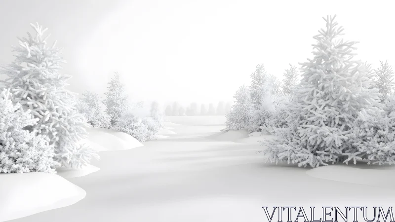 Snow-covered pine trees in a serene winter landscape, digital art.
