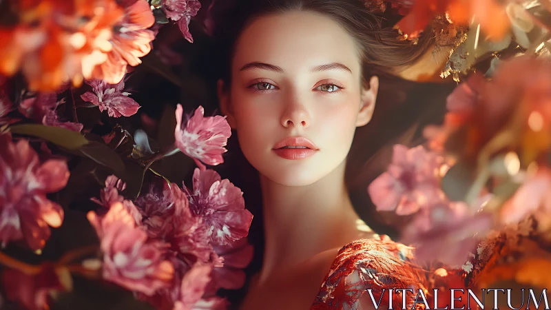 Radiant floral portrait of serene woman in warm light.