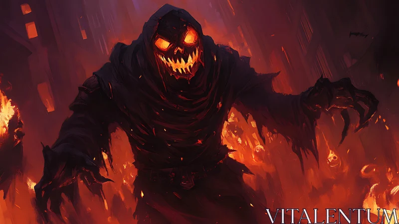 Flaming hooded demon stalks burning city streets at night.