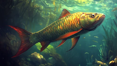Golden-scaled fish gliding through sunlit aquatic forest.