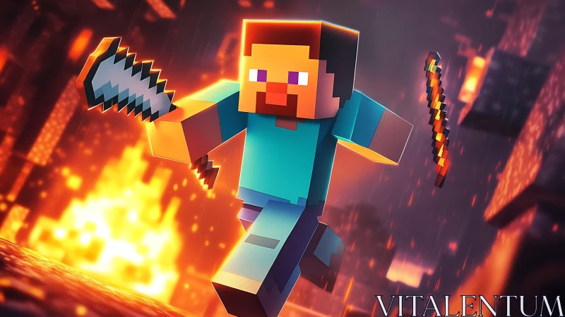 Block-style game character runs through fiery voxel environment