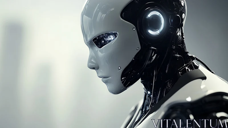 Humanoid robot profile shows reflective shell and exposed circuits