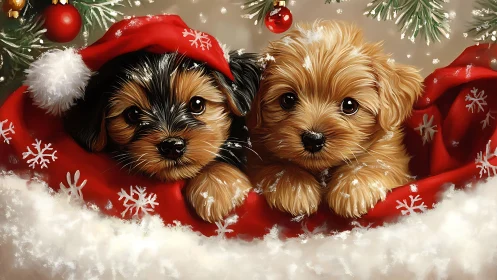 Two small puppies in red Christmas blanket and decor.
