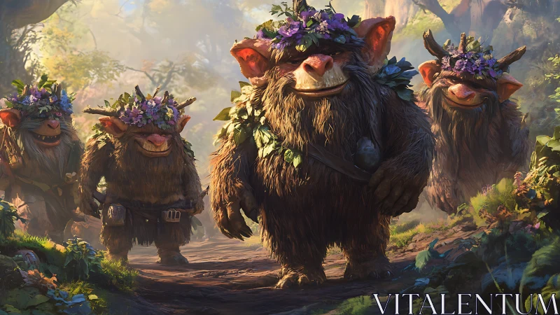 Woodland troll parade crowned in wildflower forest finery.