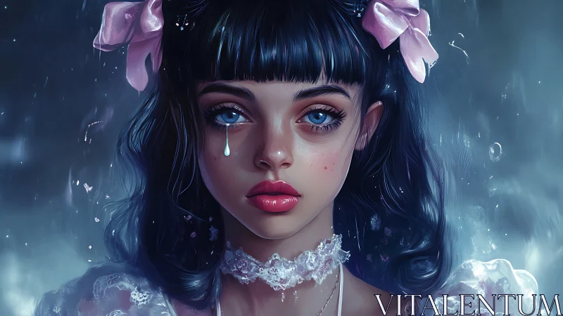 Porcelain tear princess bathed in moonlit crystal rain.