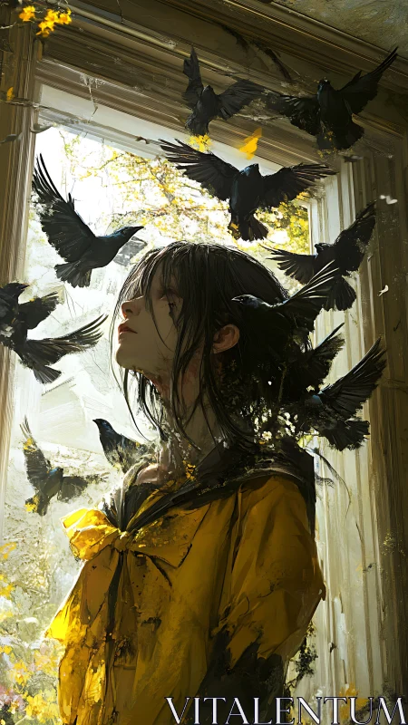 Girl in yellow coat surrounded by crows at bright window.