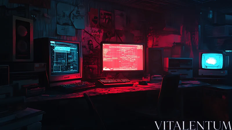 Moody retro hacker desk glowing with neon computer screens.