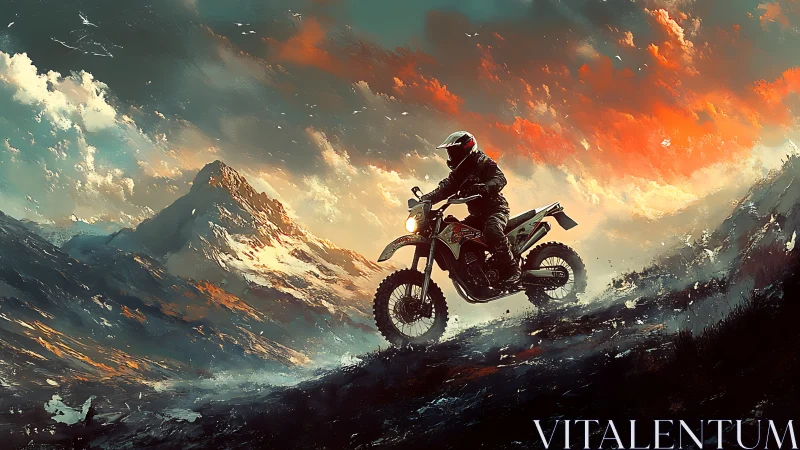 Sunset rider guides a dirt bike across wild mountain trails