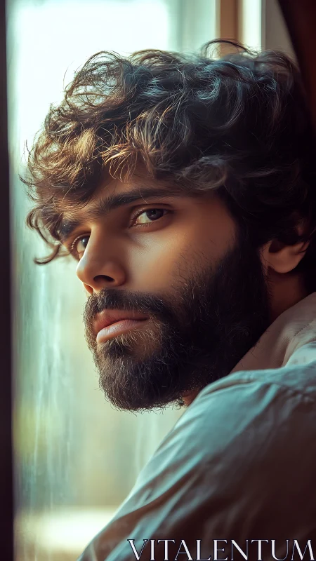 Gentle bearded gaze resting in soft window light.