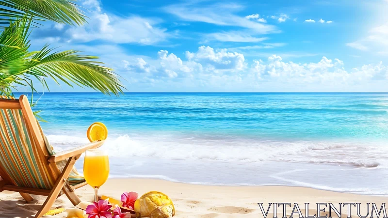 Sunlit tropical shoreline with a cozy chair and cool drink.